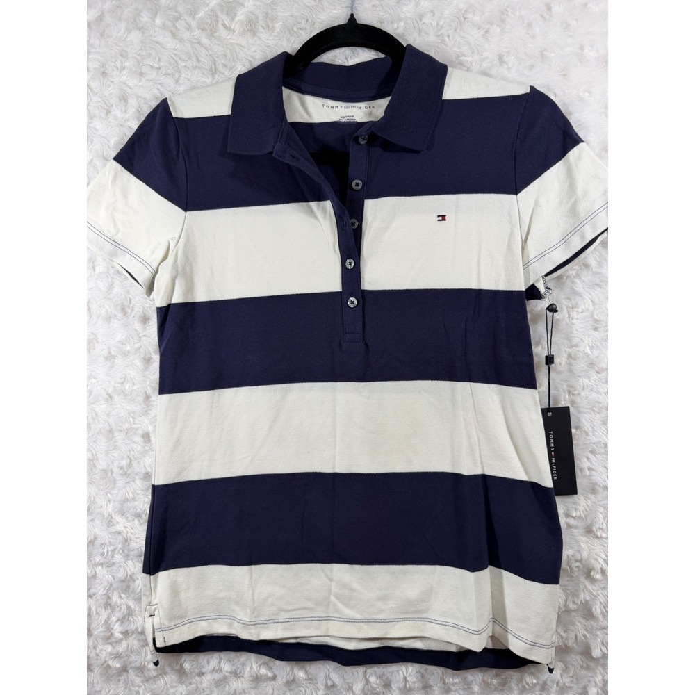 Tommy Hilfiger Womens XS Navy‎ Blue White Striped Short Sleeve Polo Shirt New